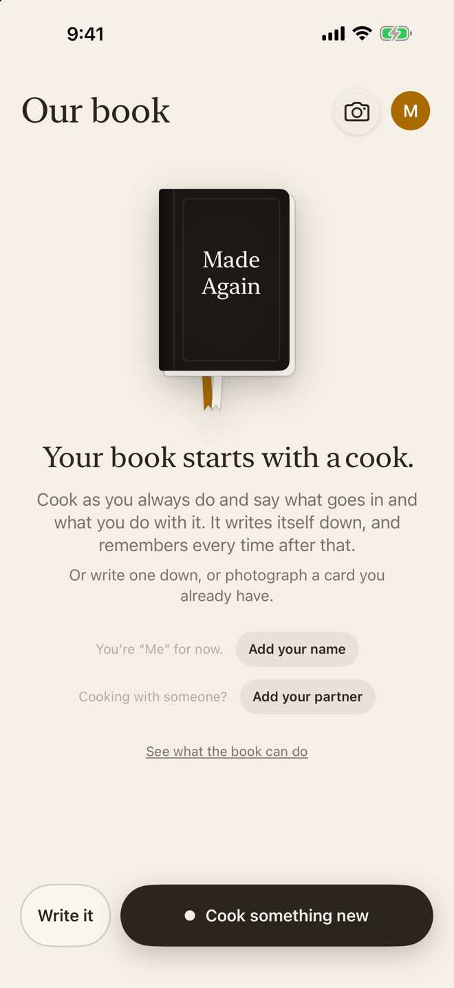 The empty book: the closed book with your ribbon, and “Your book starts with a cook.”