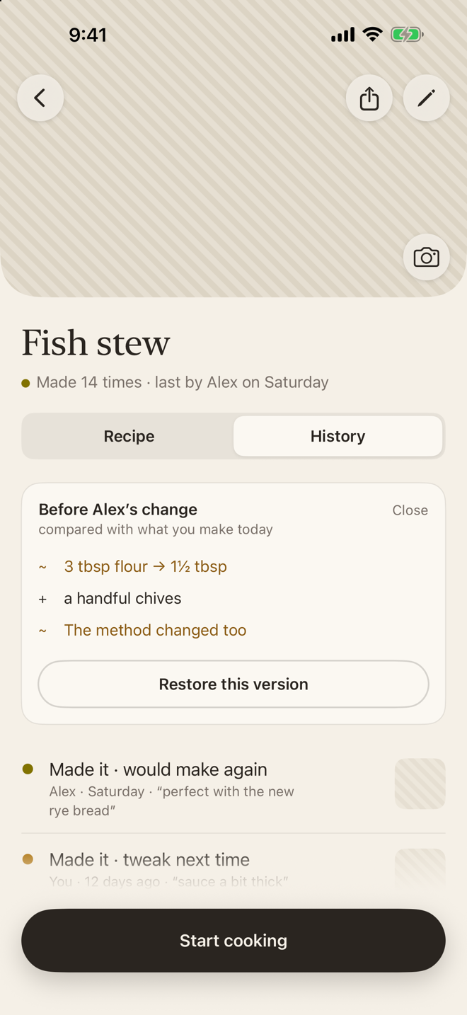 A recipe’s history: what changed in Alex’s last edit, a Restore button, and each time it was made.