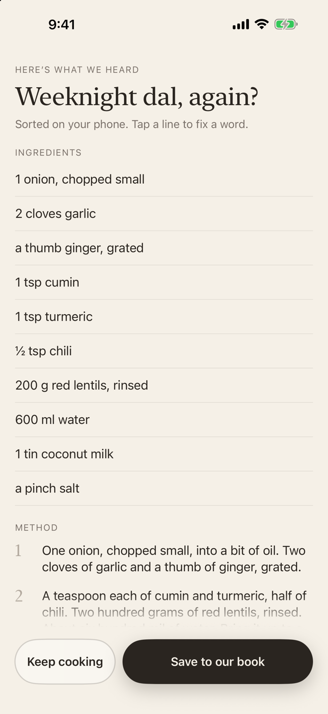 The capture sorted into ingredients and a method, headed “Weeknight dal, again?”.