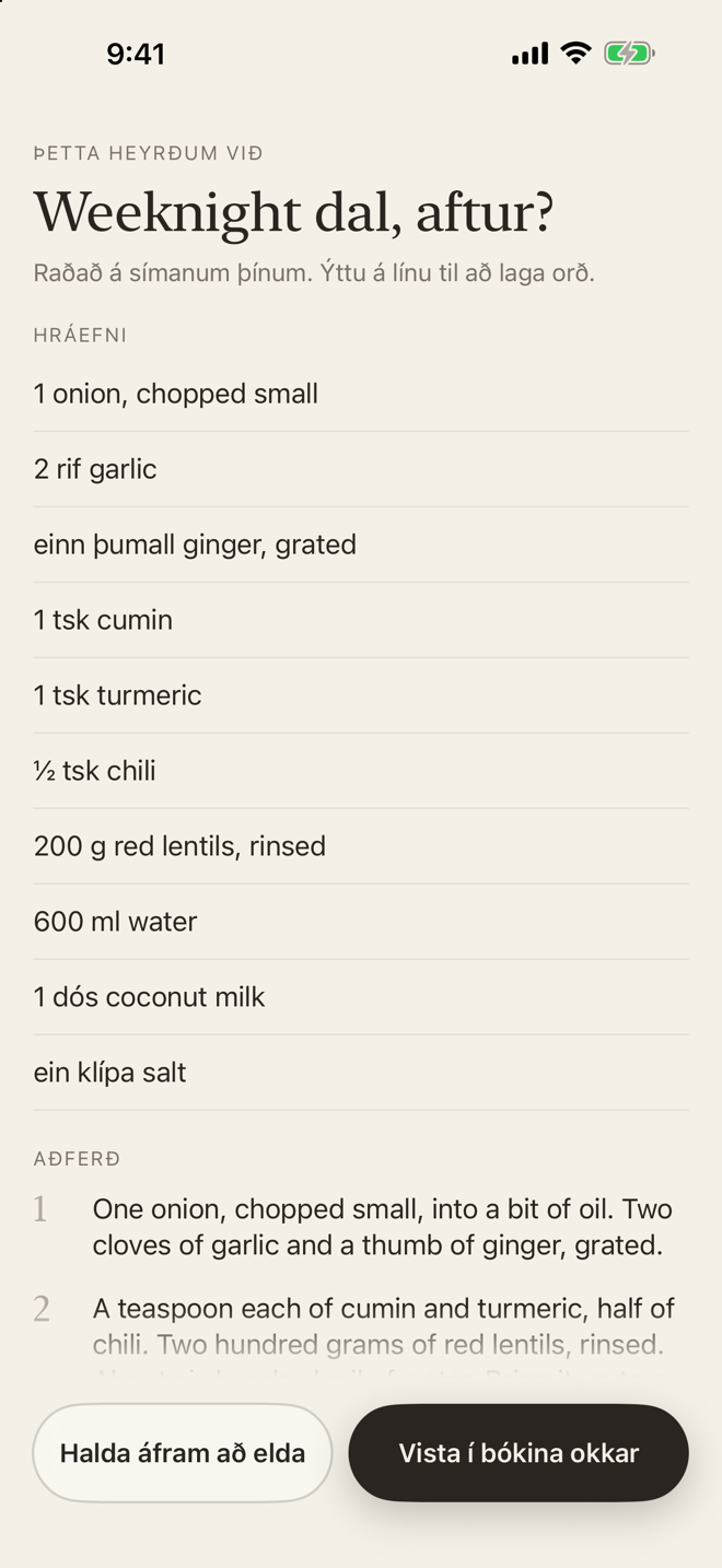 Skráningin flokkuð í hráefni og aðferð, undir fyrirsögninni „Weeknight dal, aftur?“.